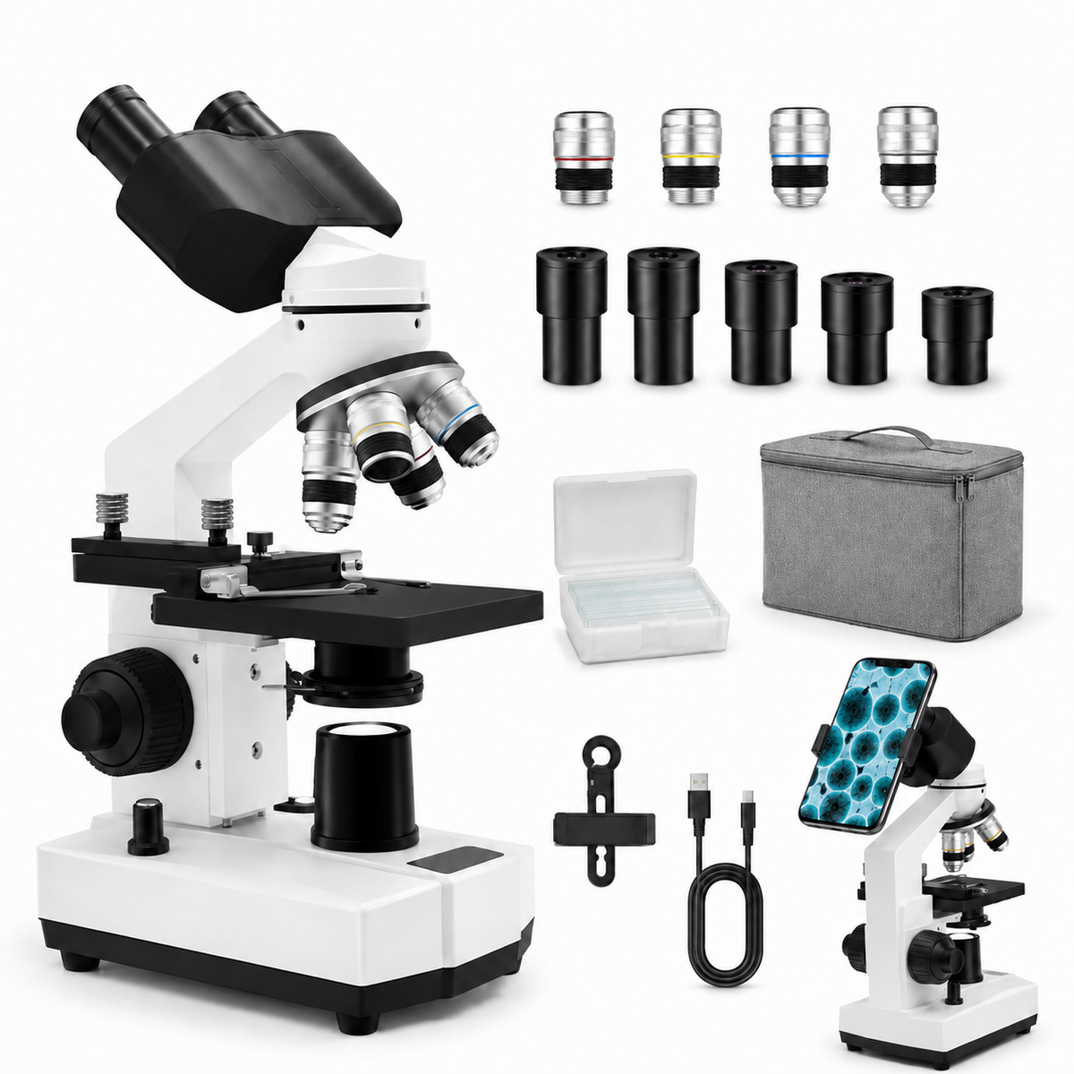 Microscope Binoculaire HD 40x-5000x – Résolution 180-500 nm