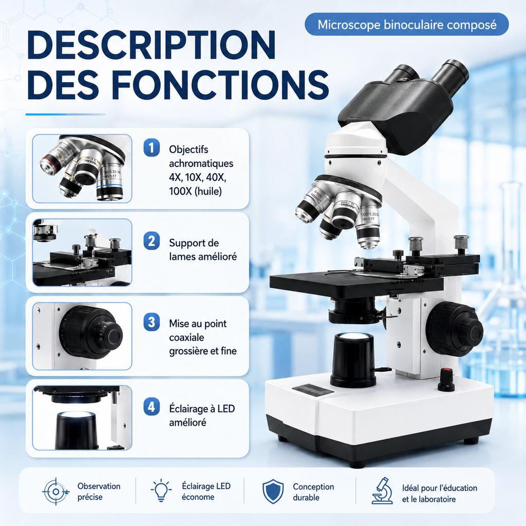 Microscope Binoculaire HD 40x-5000x – Résolution 180-500 nm