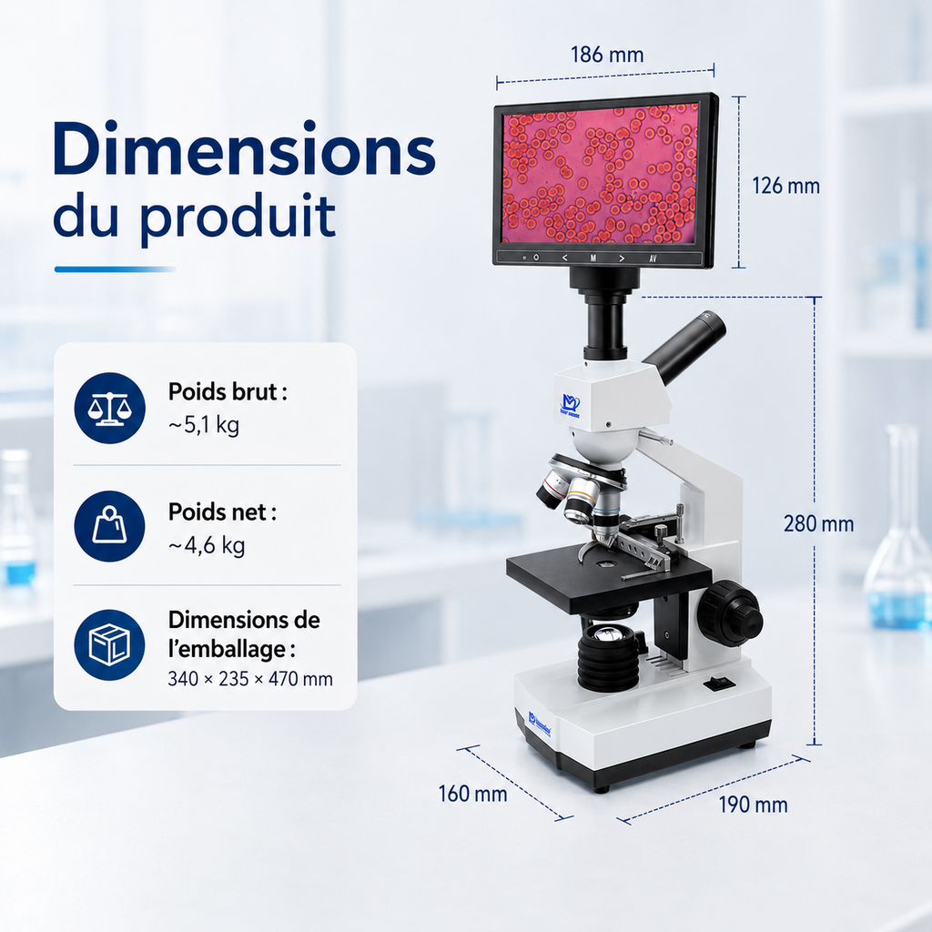 Microscope Biologique Monoculaire avec Écran HD 7 pouces 40x-400x