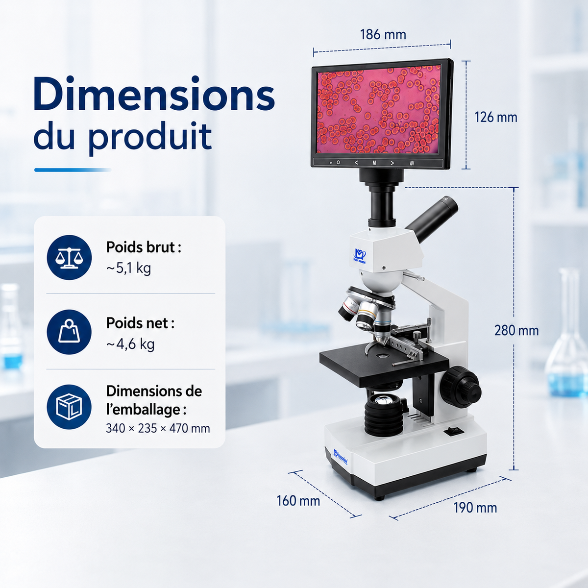 Microscope Biologique Monoculaire avec Écran HD 7 pouces 40x-400x