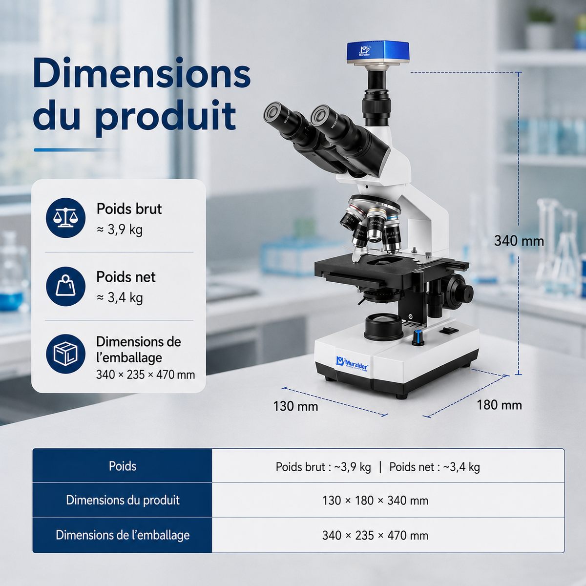 Microscope Biologique Trinoculaire 40x-1000x avec caméra 4K