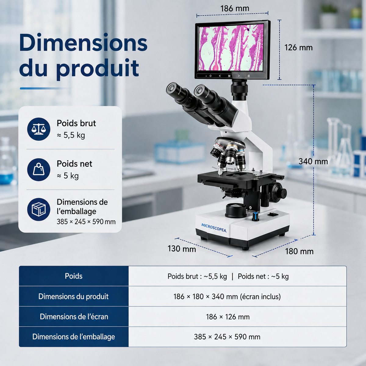 Microscope Biologique Trinoculaire avec Écran 7 pouces 40x-1000x